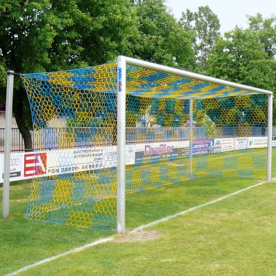 Sport-Thieme Grootveld-Voetbaldoel in grondbussen, met vrije netophanging, Alu, Wit gemoffeld, Integrale netbevestiging