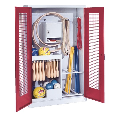 C+P Kast voor sportuitrusting met geperforeerde plaatstaal vleugeldeuren (Type 1), HxBxD195x120x50 cm, Robijnrood (RAL 3003), Afzonderlijk slot per kast