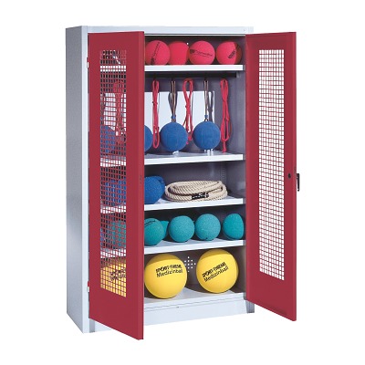 C+P Kast voor sportuitrusting met geperforeerde plaatstaal vleugeldeuren (Type 2), HxBxD195x120x50 cm, Robijnrood (RAL 3003), Afzonderlijk slot per kast