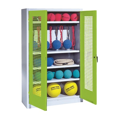 C+P Kast voor sportuitrusting met geperforeerde plaatstaal vleugeldeuren (Type 2), HxBxD195x120x50 cm, Clowngroen (RAL 110 80 60), Afzonderlijk slot per kast