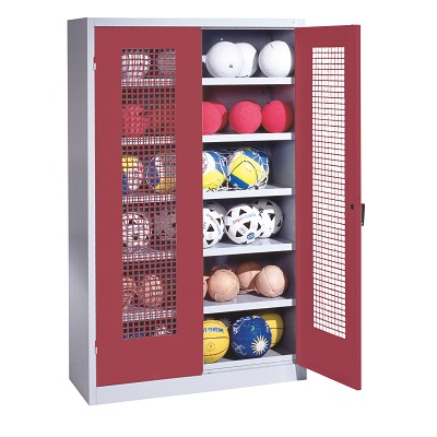 C+P Ballenkast met geperforeerde plaatstaal vleugeldeuren (Type 3), HxBxD 195x120x50 cm, Robijnrood (RAL 3003), Afzonderlijk slot per kast