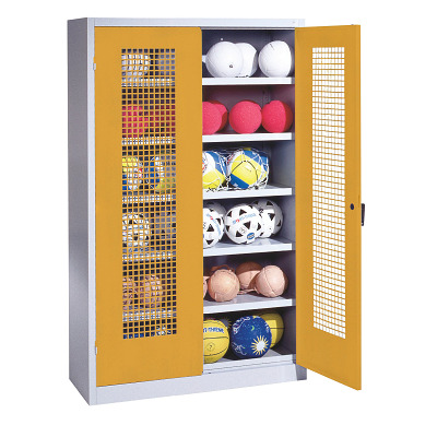 C+P Ballenkast met geperforeerde plaatstaal vleugeldeuren (Type 3), HxBxD 195x120x50 cm, Goudgeel (RAL 1004), Afzonderlijk slot per kast