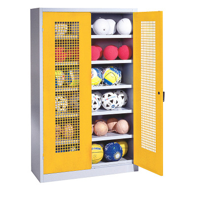 C+P Ballenkast met geperforeerde plaatstaal vleugeldeuren (Type 3), HxBxD 195x120x50 cm, Verkeersgeel (RAL 1023), Afzonderlijk slot per kast
