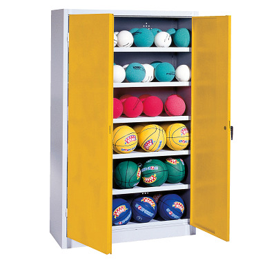 C+P Ballenkast met geperforeerde plaatstaal vleugeldeuren (Type 3), HxBxD 195x150x50 cm, Verkeersgeel (RAL 1023), Afzonderlijk slot per kast