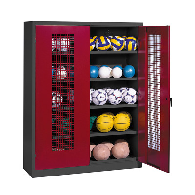 C+P Ballenkast met geperforeerde plaatstaal vleugeldeuren (Type 3), HxBxD 195x150x50 cm, Robijnrood (RAL 3003), Afzonderlijk slot per kast
