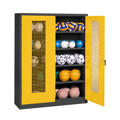 C+P Ballenkast met geperforeerde plaatstaal vleugeldeuren (Type 3), HxBxD 195x150x50 cm, Verkeersgeel (RAL 1023), Afzonderlijk slot per kast