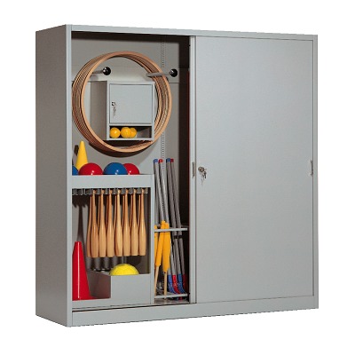 C+P Kast voor sportuitrusting met schuifdeuren van massief plaatstaal (Type 5), HxBxD 195x190x60 cm, Lichtgrijs (RAL 7035), Afzonderlijk slot per kast