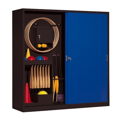 C+P Kast voor sportuitrusting met schuifdeuren van massief plaatstaal (Type 5), HxBxD 195x190x60 cm, Gentiaanblauw (RAL 5010), Afzonderlijk slot per kast