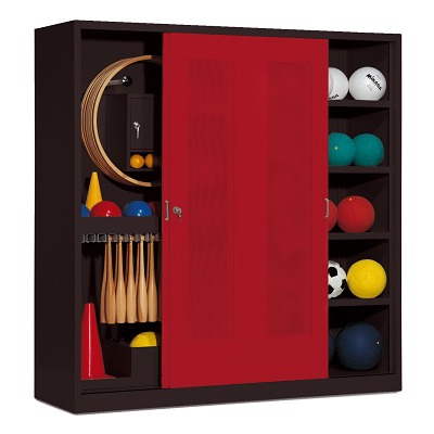 C+P Kast voor sportuitrusting met schuifdeuren van geperforeerd plaatstaal (Type 5), HxBxD 195x190x60 cm, Robijnrood (RAL 3003), Afzonderlijk slot per kast