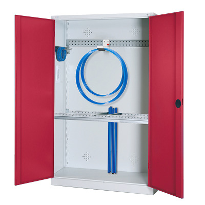 Modulaire sportmateriaalkast met basisuitrusting, hxbxd 195x120x50 cm, met vleugeldeuren van massief plaatstaal, Robijnrood (RAL 3003), Lichtgrijs (RAL 7035)