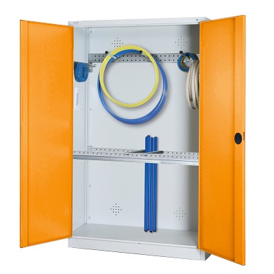 Modulaire sportmateriaalkast met basisuitrusting, hxbxd 195x120x50 cm, met vleugeldeuren van massief plaatstaal, Geel-oranje (RAL 2000), Lichtgrijs (RAL 7035)