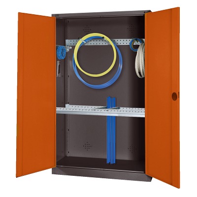 Modulaire sportmateriaalkast met basisuitrusting, hxbxd 195x120x50 cm, met vleugeldeuren van massief plaatstaal, Sienarood (RDS 050 40 50), Antraciet (RAL 7021)