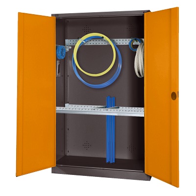 Modulaire sportmateriaalkast met basisuitrusting, hxbxd 195x120x50 cm, met vleugeldeuren van massief plaatstaal, Geel-oranje (RAL 2000), Antraciet (RAL 7021)