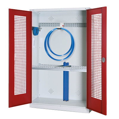 Modulaire sportmateriaalkast met basisuitrusting, hxbxd 195x120x50 cm, met vleugeldeuren van geperforeerd plaatstaal, Robijnrood (RAL 3003), Lichtgrijs (RAL 7035)