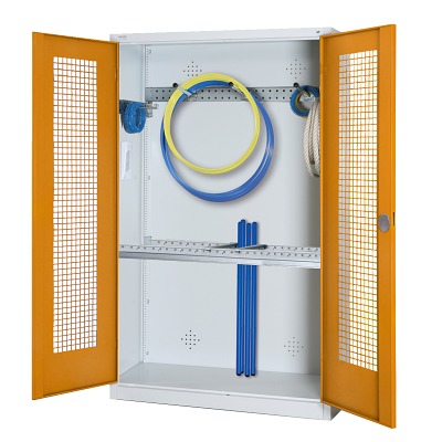 Modulaire sportmateriaalkast met basisuitrusting, hxbxd 195x120x50 cm, met vleugeldeuren van geperforeerd plaatstaal, Geel-oranje (RAL 2000), Lichtgrijs (RAL 7035)