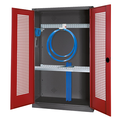 Modulaire sportmateriaalkast met basisuitrusting, hxbxd 195x120x50 cm, met vleugeldeuren van geperforeerd plaatstaal, Robijnrood (RAL 3003), Antraciet (RAL 7021)