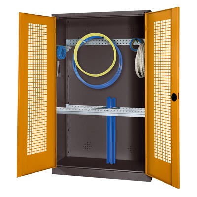 Modulaire sportmateriaalkast met basisuitrusting, hxbxd 195x120x50 cm, met vleugeldeuren van geperforeerd plaatstaal, Geel-oranje (RAL 2000), Antraciet (RAL 7021)