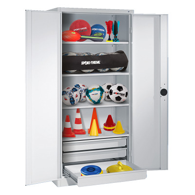 C+P Kast voor sportuitrusting met schuifladen en vleugeldeuren van massief plaatstaal (Type 4), HxBxD 195x120x50 cm, Clowngroen (RAL 110 80 60), Uniforme vergrendeling