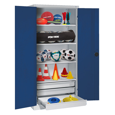 C+P Kast voor sportuitrusting met schuifladen en vleugeldeuren van massief plaatstaal (Type 4), HxBxD 195x120x50 cm, Gentiaanblauw (RAL 5010), Afzonderlijk slot per kast