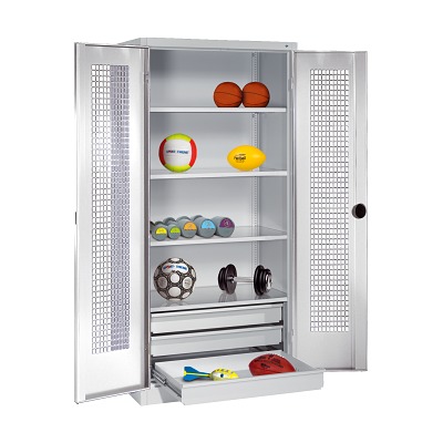 C+P Kast voor sportuitrusting met schuifladen en vleugeldeuren van geperforeerde plaat (Type 4), HxBxD 195x120x50 cm, Goudgeel (RAL 1004), Afzonderlijk slot per kast