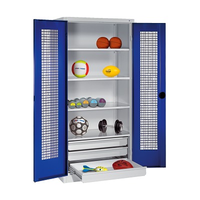 C+P Kast voor sportuitrusting met schuifladen en vleugeldeuren van geperforeerde plaat (Type 4), HxBxD 195x120x50 cm, Gentiaanblauw (RAL 5010), Afzonderlijk slot per kast