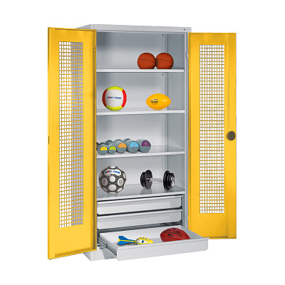 C+P Kast voor sportuitrusting met schuifladen en vleugeldeuren van geperforeerde plaat (Type 4), HxBxD 195x120x50 cm, Verkeersgeel (RAL 1023), Afzonderlijk slot per kast