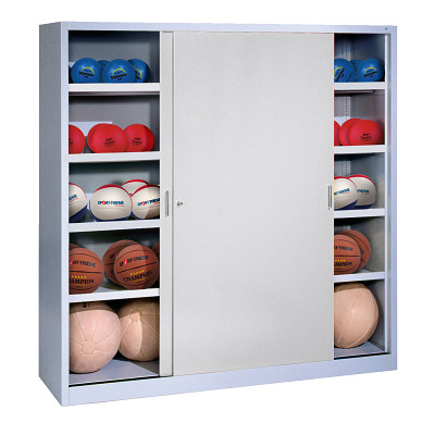 C+P Ballenkast met schuifdeuren van massief plaatstaal (Type 4), HxBxD 195x120x50 cm, Lichtgrijs (RAL 7035), Afzonderlijk slot per kast