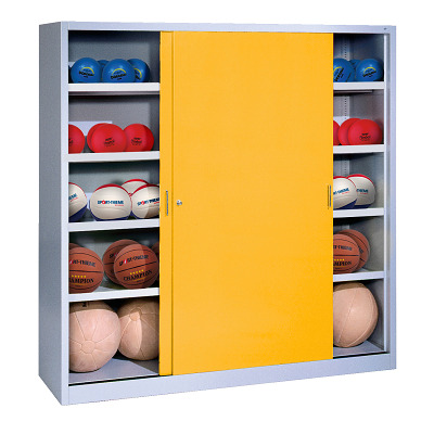 C+P Ballenkast met schuifdeuren van massief plaatstaal (Type 4), HxBxD 195x120x50 cm, Verkeersgeel (RAL 1023), Afzonderlijk slot per kast
