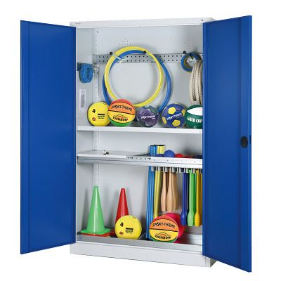 C+P Modulaire kast voor sportuitrusting "Complete uitrusting" met massief plaatstalen draaideuren, HxBxD 195x120x50 cm, Gentiaanblauw (RAL 5010), Afzonderlijk slot per kast