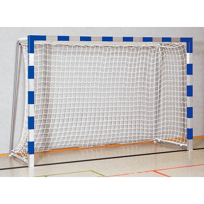 Sport-Thieme Zaalhandbaldoel 3×2 m,  om in grondbussen te plaatsen met inklapbare netbeugels, Blauw-zilver, Gelaste hoekverbindingen