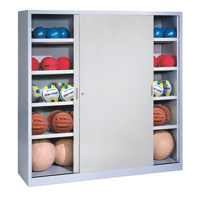 C+P Ballenkast met schuifdeuren van massief plaatstaal (Type 4), HxBxD 195x160x50 cm, Lichtgrijs (RAL 7035), Afzonderlijk slot per kast
