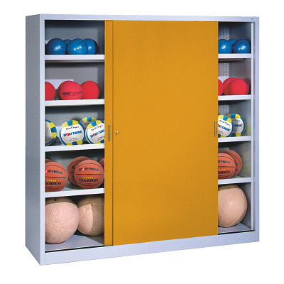 C+P Ballenkast met schuifdeuren van massief plaatstaal (Type 4), HxBxD 195x160x50 cm, Goudgeel (RAL 1004), Afzonderlijk slot per kast