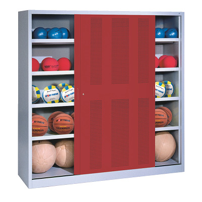 C+P Ballenkast met geperforeerde plaatstalen schuifdeuren (Type 4), HxBxD 195x160x50 cm, Robijnrood (RAL 3003), Afzonderlijk slot per kast