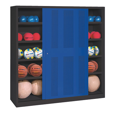 C+P Ballenkast met geperforeerde plaatstalen schuifdeuren (Type 4), HxBxD 195x160x50 cm, Gentiaanblauw (RAL 5010), Afzonderlijk slot per kast