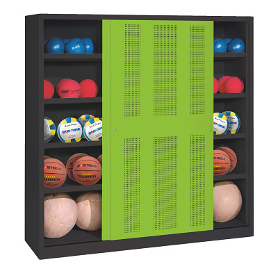 C+P Ballenkast met geperforeerde plaatstalen schuifdeuren (Type 4), HxBxD 195x160x50 cm, Clowngroen (RAL 110 80 60), Afzonderlijk slot per kast
