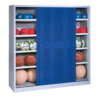 C+P Ballenkast met geperforeerde plaatstalen schuifdeuren (Type 4), HxBxD 195x120x50 cm, Gentiaanblauw (RAL 5010), Afzonderlijk slot per kast