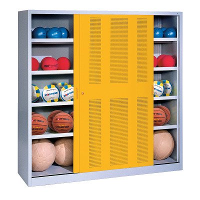 C+P Ballenkast met geperforeerde plaatstalen schuifdeuren (Type 4), HxBxD 195x120x50 cm, Verkeersgeel (RAL 1023), Afzonderlijk slot per kast
