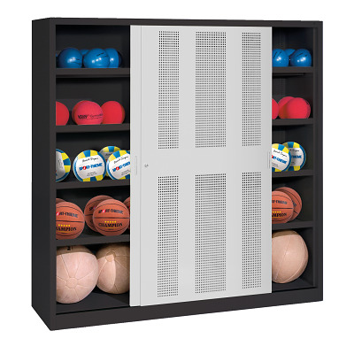 C+P Ballenkast met geperforeerde plaatstalen schuifdeuren (Type 4), HxBxD 195x120x50 cm, Lichtgrijs (RAL 7035), Afzonderlijk slot per kast