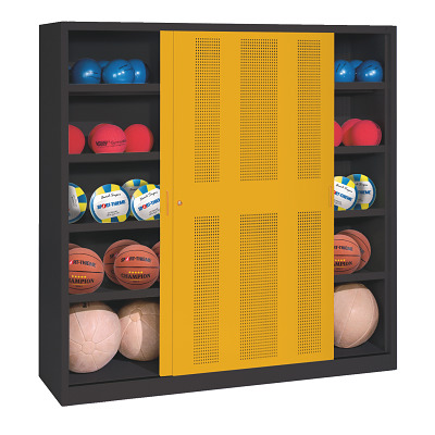 C+P Ballenkast met geperforeerde plaatstalen schuifdeuren (Type 4), HxBxD 195x120x50 cm, Goudgeel (RAL 1004), Afzonderlijk slot per kast
