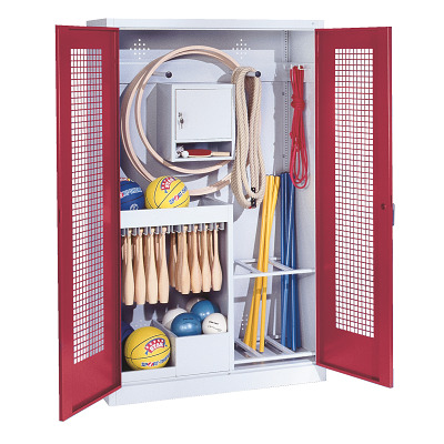 C+P Kast voor sportuitrusting met geperforeerde plaatstaal vleugeldeuren (Type 1), HxBxD195x120x50 cm, Robijnrood (RAL 3003), Afzonderlijk slot per kast