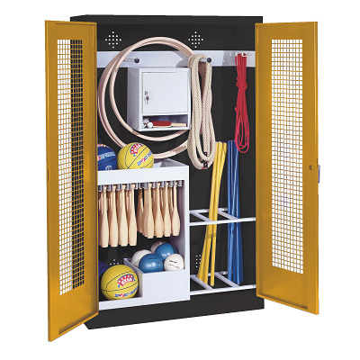 C+P Kast voor sportuitrusting met geperforeerde plaatstaal vleugeldeuren (Type 1), HxBxD195x120x50 cm, Goudgeel (RAL 1004), Afzonderlijk slot per kast