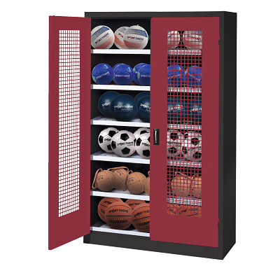 C+P Ballenkast met geperforeerde plaatstaal vleugeldeuren (Type 3), HxBxD 195x120x50 cm, Robijnrood (RAL 3003), Afzonderlijk slot per kast