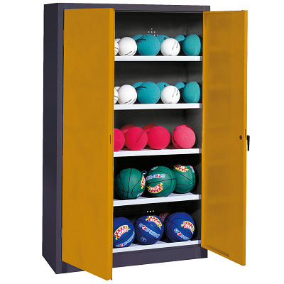 C+P Ballenkast met geperforeerde plaatstaal vleugeldeuren (Type 3), HxBxD 195x150x50 cm, Goudgeel (RAL 1004), Afzonderlijk slot per kast