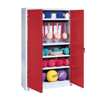 C+P Kast voor sportuitrusting met geperforeerde plaatstaal vleugeldeuren (Type 2), HxBxD195x120x50 cm, Robijnrood (RAL 3003), Afzonderlijk slot per kast
