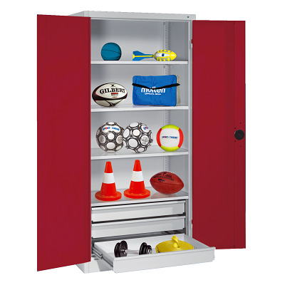 C+P Kast voor sportuitrusting met schuifladen en vleugeldeuren van massief plaatstaal (Type 4), HxBxD 195x120x50 cm, Robijnrood (RAL 3003), Afzonderlijk slot per kast