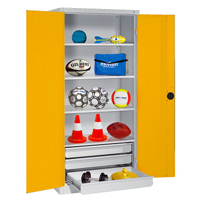 C+P Modulaire kast voor sportuitrusting met geperforeerde plaatstaal vleugeldeuren, HxBxD 195x120x50 cm, Verkeersgeel (RAL 1023), Afzonderlijk slot per kast