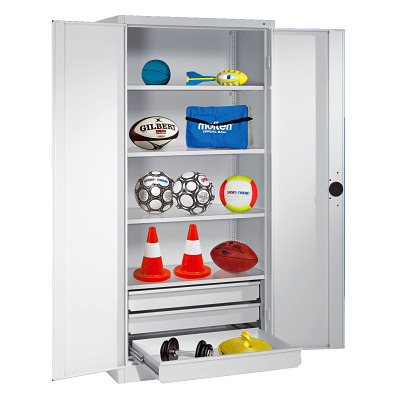 C+P Kast voor sportuitrusting met schuifladen en vleugeldeuren van massief plaatstaal (Type 4), HxBxD 195x120x50 cm, Ergo-Lock handgreep, Afzonderlijk slot per kast
