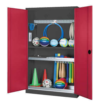 C+P Modulaire kast voor sportuitrusting "Complete uitrusting" met massief plaatstalen draaideuren, HxBxD 195x120x50 cm, Robijnrood (RAL 3003), Afzonderlijk slot per kast