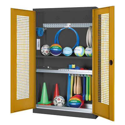 C+P Modulaire kast voor sportuitrusting "Complete uitrusting" met geperforeerde metalen klapdeuren, HxBxD 195x120x50 cm, Goudgeel (RAL 1004), Afzonderlijk slot per kast