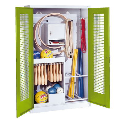 C+P Kast voor sportuitrusting met geperforeerde plaatstaal vleugeldeuren (Type 1), HxBxD195x120x50 cm, Clowngroen (RAL 110 80 60), Uniforme vergrendeling